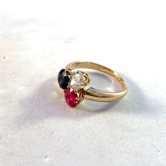 Sweden 1956 Mid Century 14k Gold 0.5ct Diamond Synthetic Ruby and Sapphire Ring.