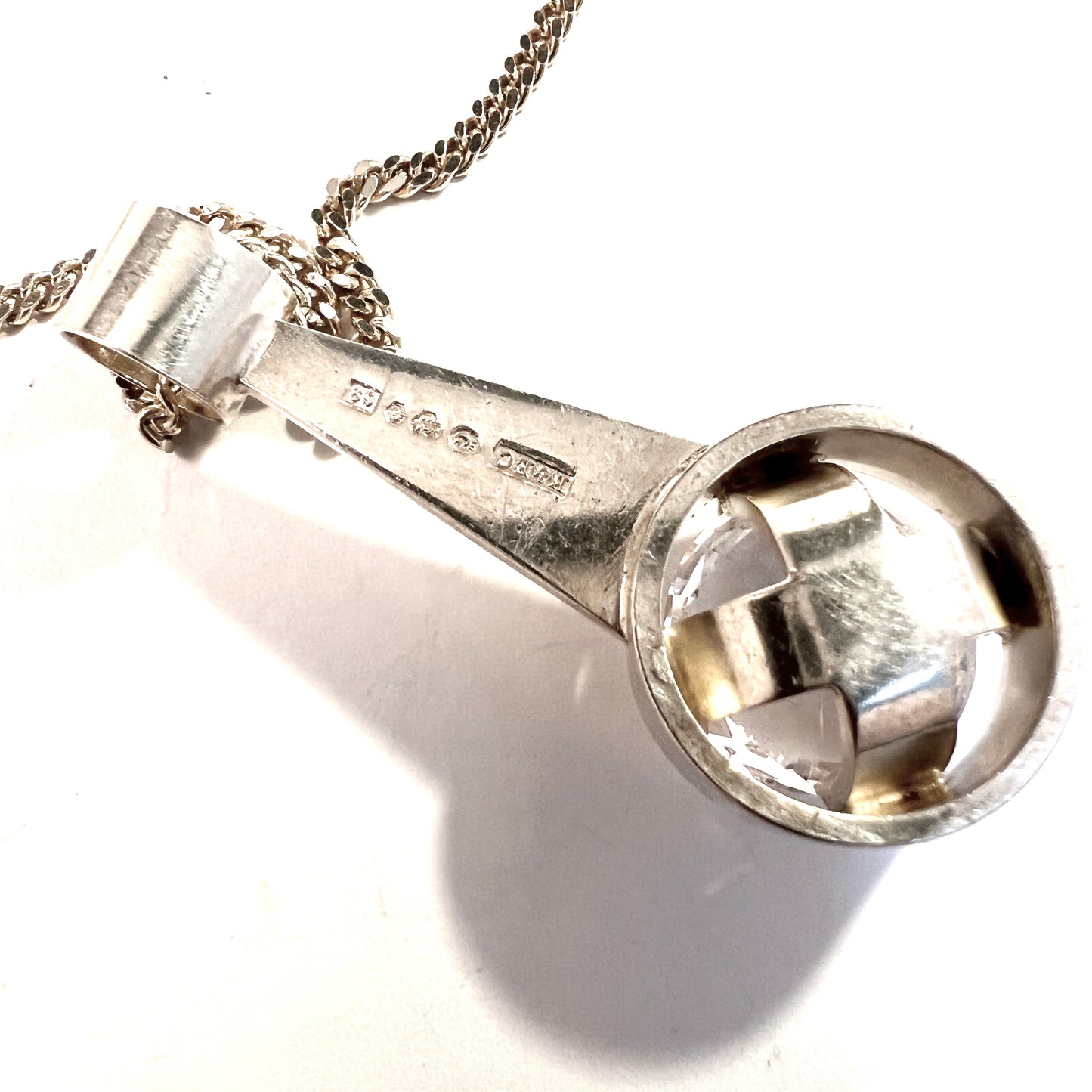 Ceson, Sweden 1968. Vintage Sterling Silver Rock Crystal Pendant Long Chain Necklace.