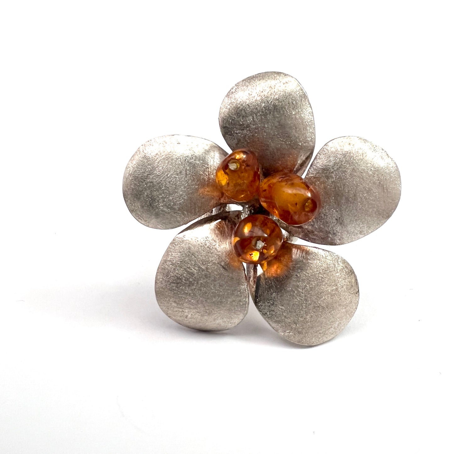 Chorzów, Poland. Large Vintage Sterling Silver Amber Flower Ring.