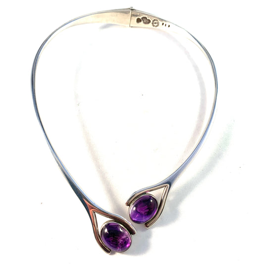 Sigi Pineda, Taxco Mexico Mid Century Modern Sterling Silver Amethyst Torque Necklace.