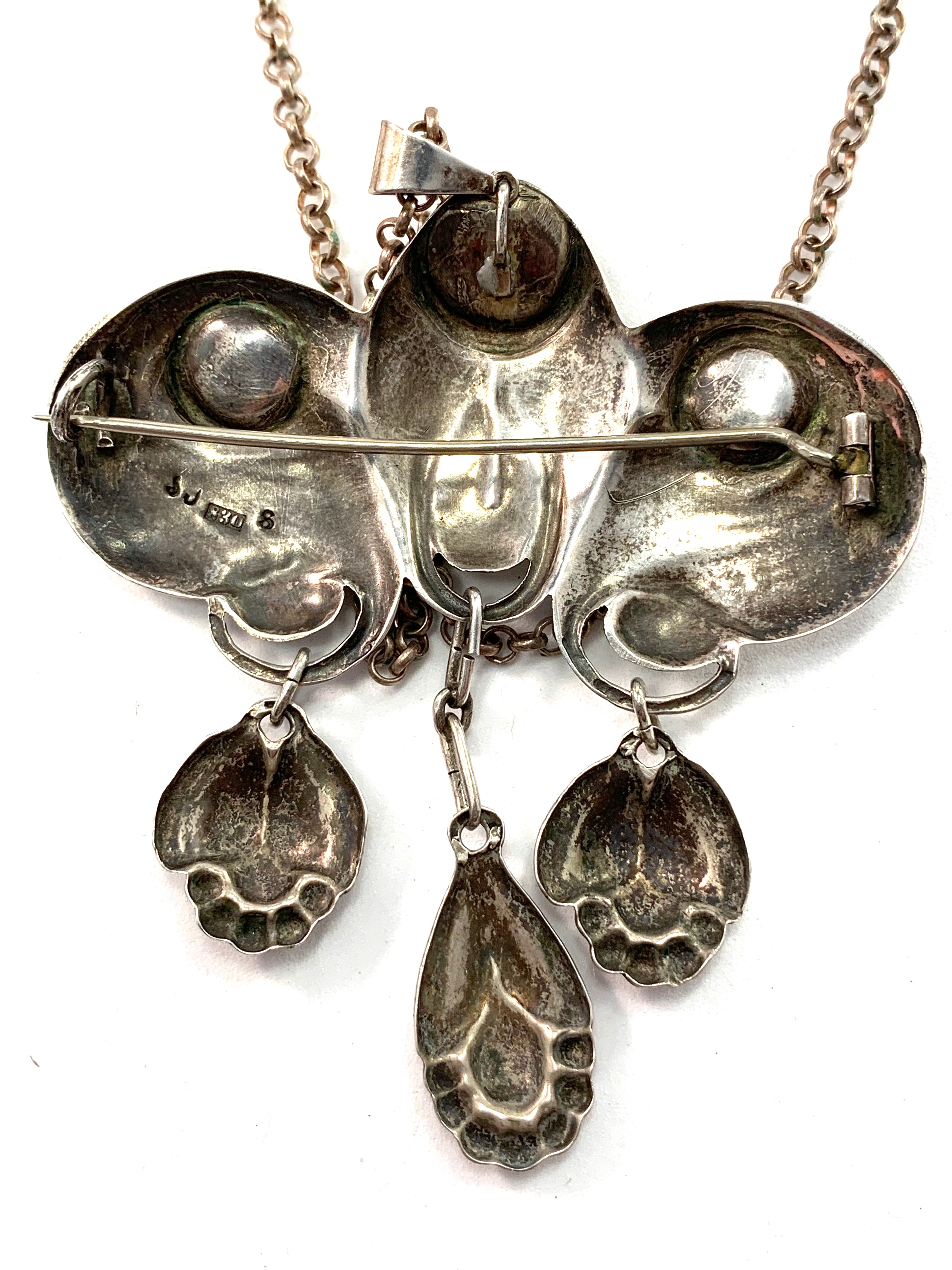Evald Nielsen for SL Jacobsen & Co, Copenhagen 1910-17 Arts and Crafts Skonvirke 830 Silver Amber Brooch Pendant Necklace.
