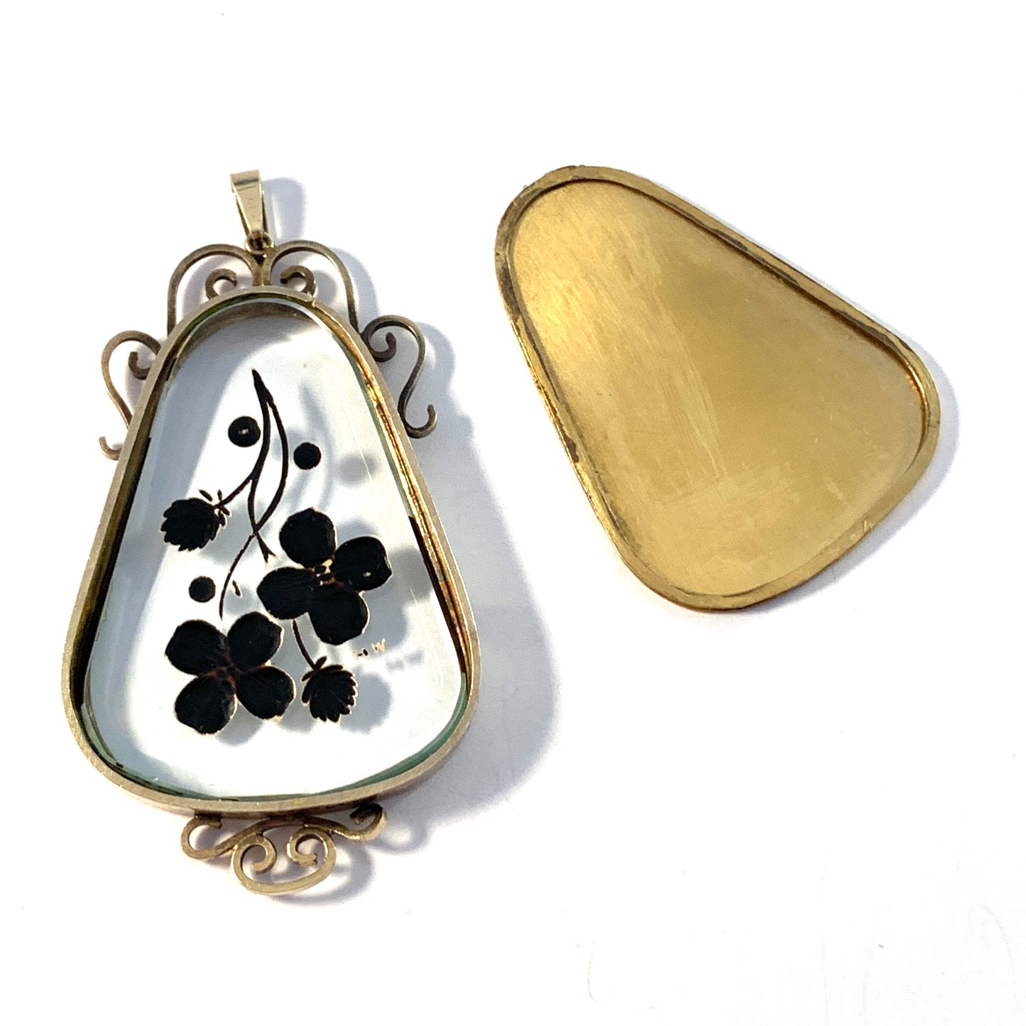 Wilhelm Harbeck, Sweden year 1946, Large Solid Silver Reverse Carved/Enamel Pendant.